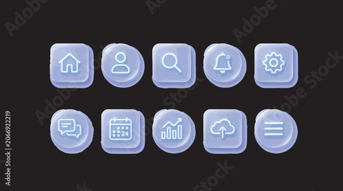 Set of 3D Glass Style User Interface Icons for Web and Mobile Apps on Dark Background