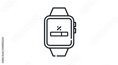 Smartwatch software update icon: wearable smart watch displaying progress bar and percentage symbol on screen, minimalist black line art vector illustration.