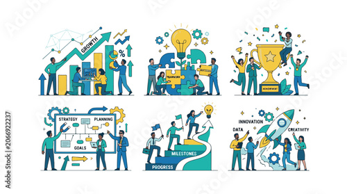 Business Teamwork and Success Illustration Set Featuring Office Workers Achieving Goals