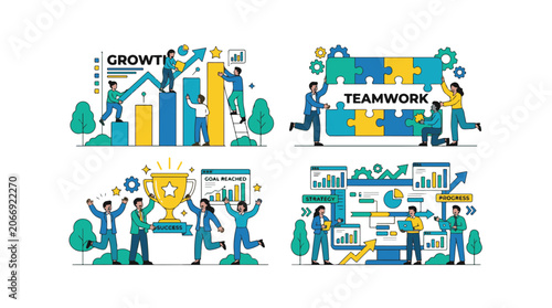 Business Success and Teamwork Illustration Set with Growth Charts and Puzzle Pieces