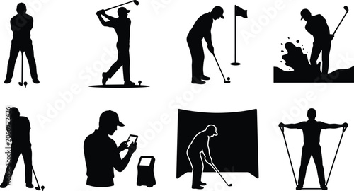 Canvastavla Set of professional golfer silhouettes featuring swinging putting bunker shot training tracking data and simulator practice in image_8696de