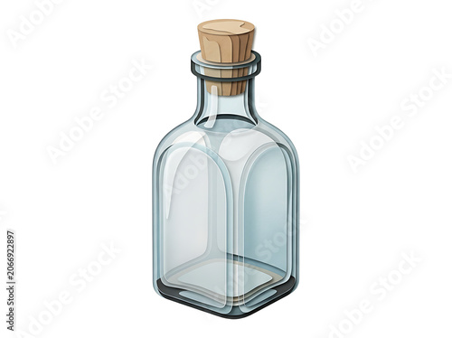 Glass bottle with silver metal cap on white background.