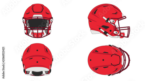 Football helmet protective sports equipment with front side rear and top views vector illustration