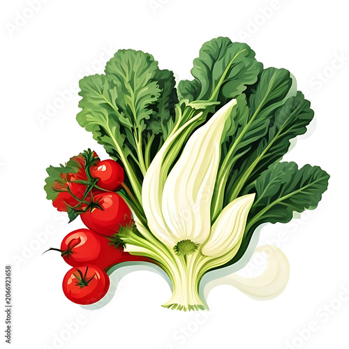 Fresh strawberries and green leafy vegetables on white.