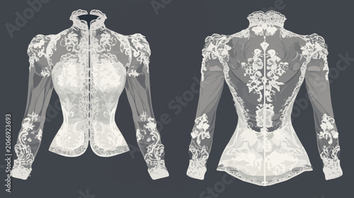 Ornate lace jackets shown from front and back, with floral embroidery patterns