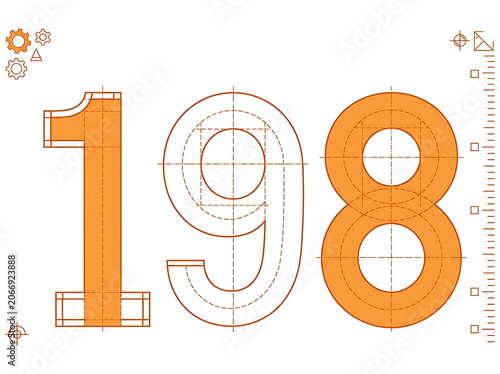 Orange number eight with clock gears and gear icon.