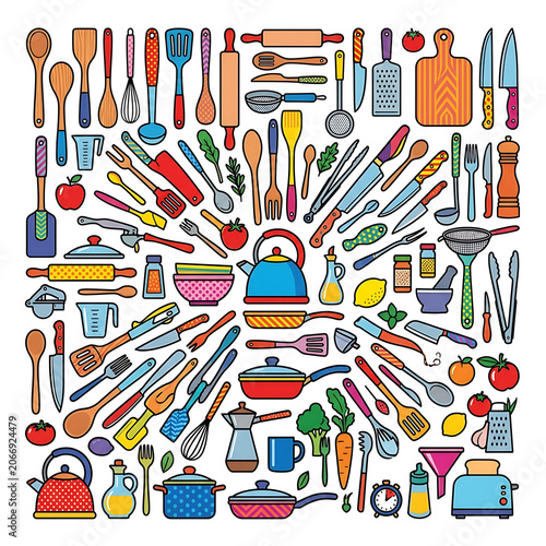 Colorful collection of hand drawn office supplies and tools.
