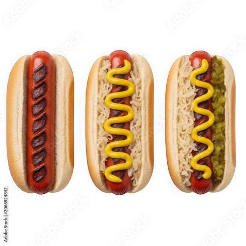 Three Delicious Hot Dogs with Various Toppings Displayed.