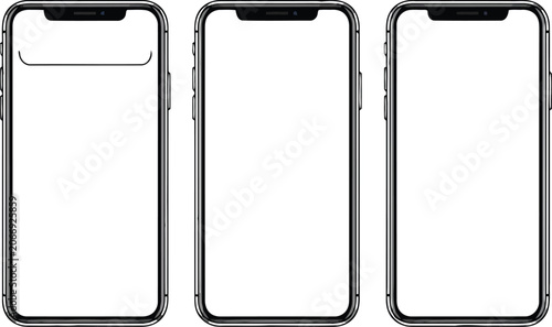 Three Blank Smartphone Mockups with White Screen, Front View Isolated on Transparent Background