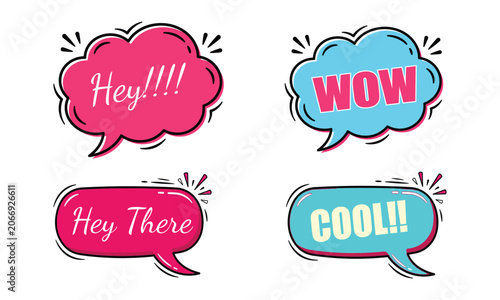 Schilderij op canvas Set of four colorful comic speech bubbles with words like hey, wow, hey there, and cool