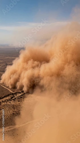 Massive dust storm moving across arid desert landscape, severe