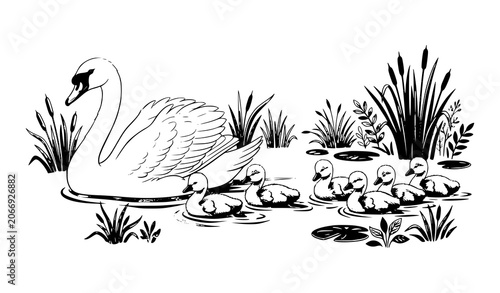 Obraz na płótnie Elegant swan with cygnets resting beside pond reeds detailed wildlife nature lin