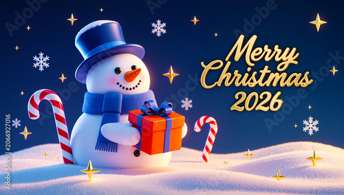 Merry Christmas 2026 Snowman with Gift and Candy Canes