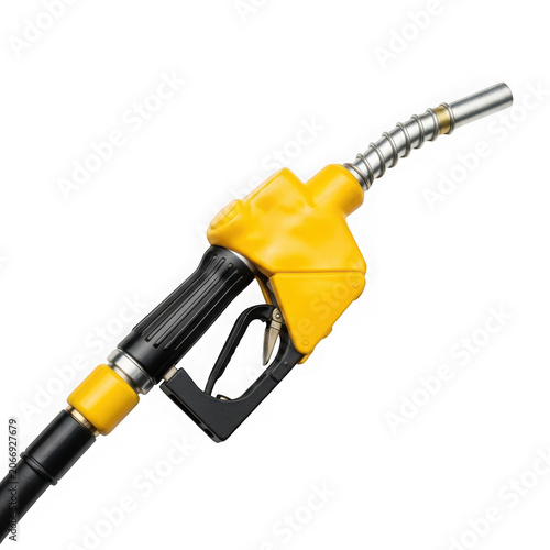 Yellow Fuel Nozzle with Black Handle and Silver Hose.