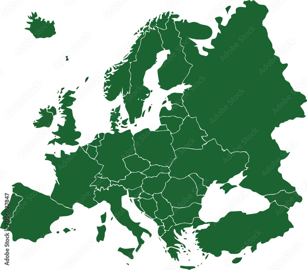 Obraz premium Detailed green silhouette map of europe with borders vector illustration