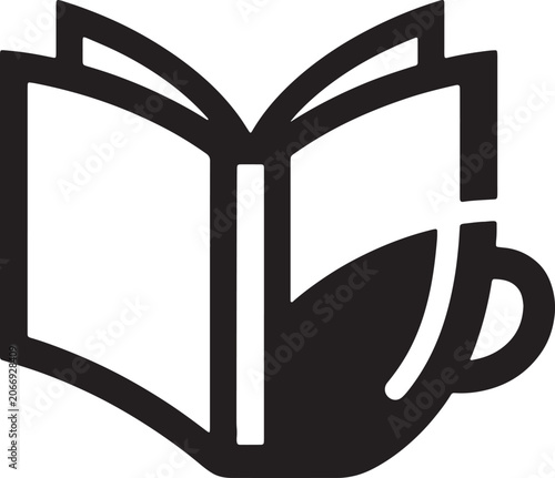 Creative integration of book and mug symbol representing literary cafe and study session.