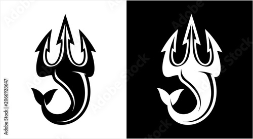 Obraz na plátně Mythical Trident Symbol with Aquatic Creature Silhouette.