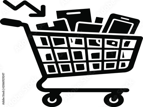 Tableau sur toile Shopping cart filled with products during economic downturn vector illustration