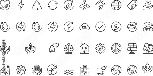 Bundle of environmental and eco friendly icons in a clean line drawing style on a transparent background. Vector illustration