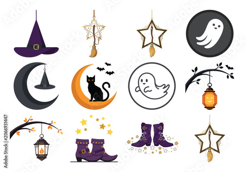 A collection of cute Halloween-themed illustrations including witch hats, ghosts, black cats, lanterns, stars, and boots, perfect for seasonal designs.