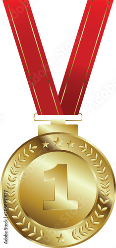 Golde, shiny vector medal with number 1 written in the middle with red ribbons ideal for award reward design