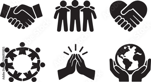 International unity and solidarity web icon bundle, line icons for peace, corporate teamwork, and group friendship isolated on white background