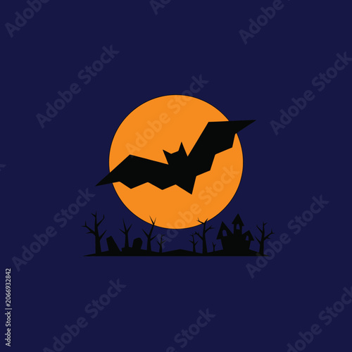 Halloween background with a bat flying in front of a full orange moon