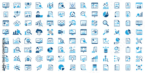 Data analytics technology solid icon set. Database, AI, Cloud computing, Network, Hosting, monitoring, and data analysis vector collection