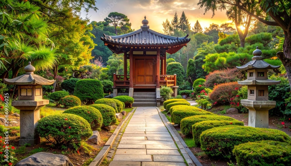 Fototapeta premium Wooden Pagoda Pavilion in Lush Garden with Warm Golden Light