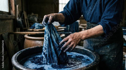 Artisan dyeing fabric in a large vat of blue indigo dye.