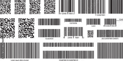 Foto Qr code and barcode scan product label digital identification inventory tracking data reader collection