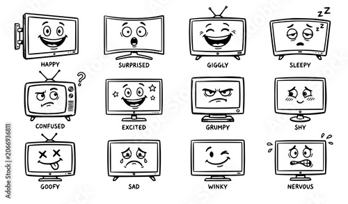Bild auf Leinwand Quirky Hand Drawn Flatscreen TV Characters Collection with Funny Screen Faces Ve