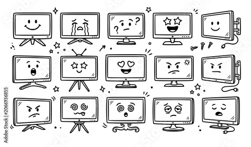 Canvastavla Quirky Flatscreen TV Sticker Collection with Hand Drawn Cartoon Screen Face Desi