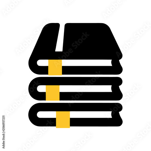 stack of three books with yellow bookmarks, top book shows small details in a flat design style.