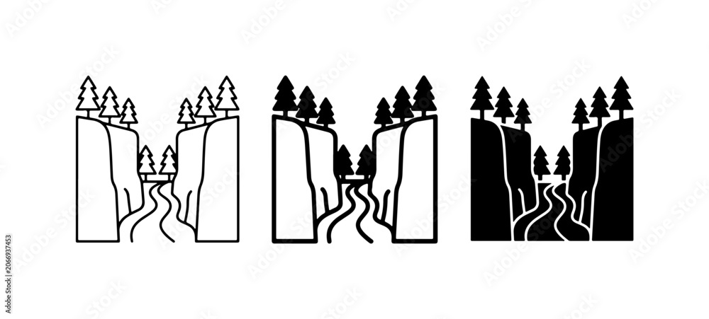 Fototapeta premium Canyon Landscape Icons, River Valley Vector Art, Nature Scene Graphics