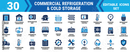 Foto Commercial refrigeration cold storage 30 editable vector icons set ui ux minimal