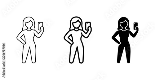 Bild auf Leinwand Woman Taking Selfie Icons, Mobile Photography Vector Graphics, Social Media Self