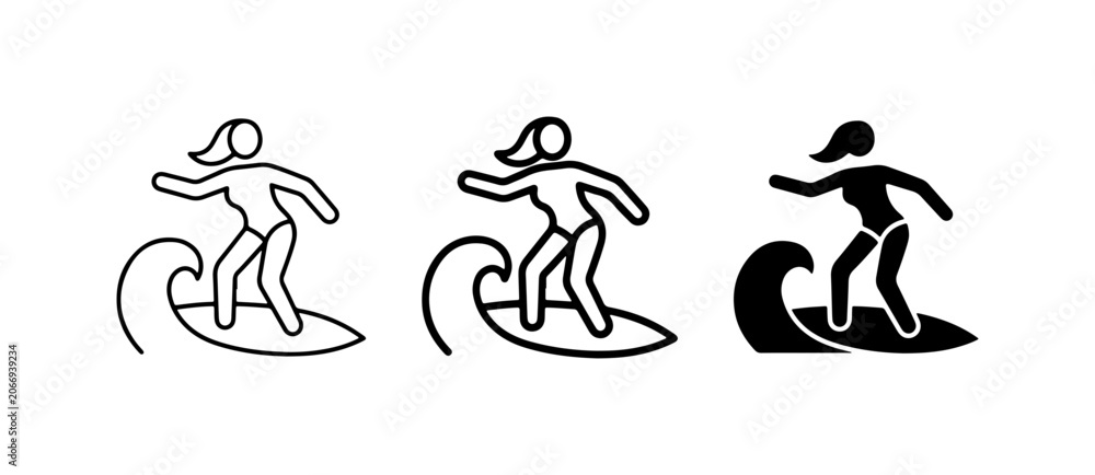 Obraz premium Surfing Woman Icons, Vector Set: Line Art, Silhouette, Black and White Styles
