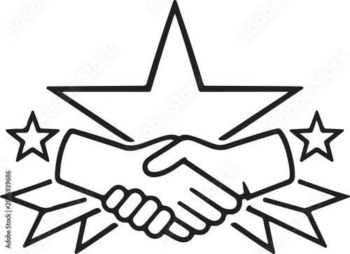 Success partnership badge vector icon, handshake on star background with ribbon illustration