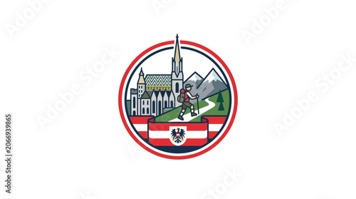 Cuadro en lienzo Austrian Hiking Emblem: Alps, Church, Flag, and Traveler