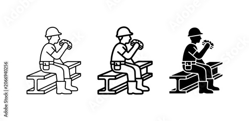 Construction Worker Break, Industrial Lunch Icon Set, Laborer Eating Meal