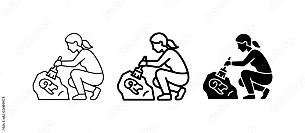 Obraz premium Archaeologist Excavating Fossil, Digging Ancient Artifacts, Paleontology Discovery Icons