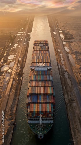 Aerial view of a large container cargo ship navigating through a