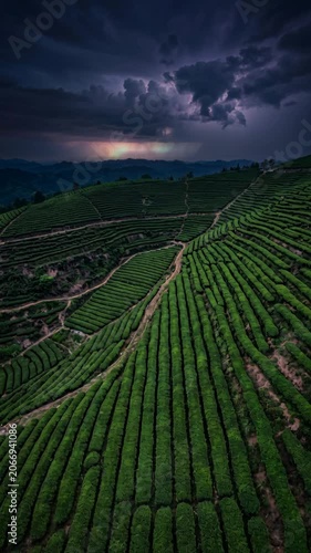 Aerial view of lush green terraced tea plantations under a stormy