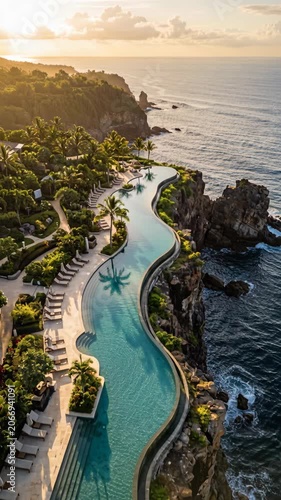 Aerial view of luxury cliffside infinity pool at sunset, tropical