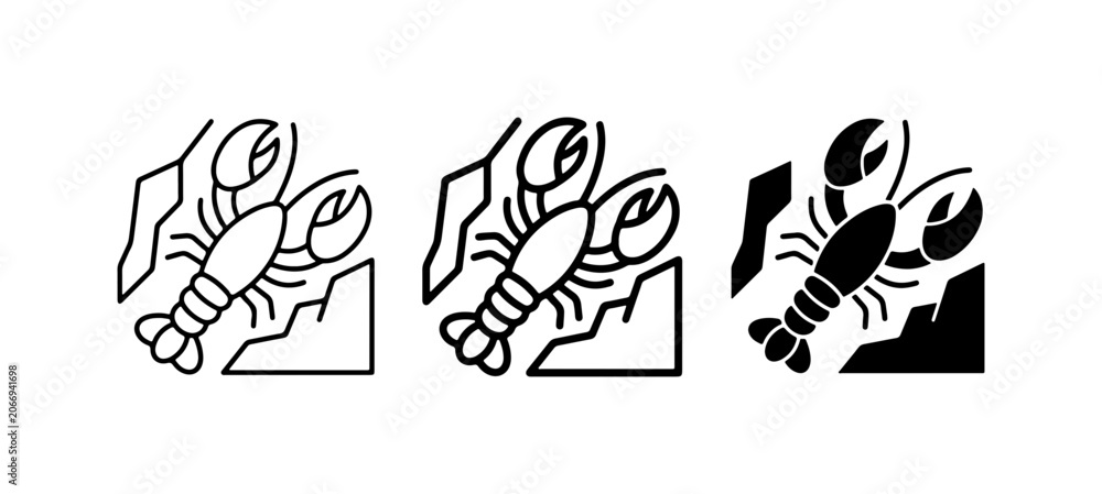 Fototapeta premium Lobster Icons Set: Outline, Line Art, and Solid Black Vector Graphics for Seafood and Marine Themes