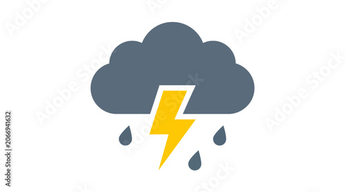 Flat vector graphic of a severe storm cloud with yellow lightning bolt and raindrops, symbolizing unpredictable weather conditions and natural phenomena
