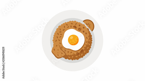 Flat vector illustration of bear-shaped fried rice with a sunny-side-up egg on a white plate. A charming and whimsical meal, ideal for kid-friendly menus, breakfast, or food themes