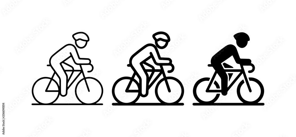 Obraz premium Cyclist Icons: Three Styles of Bicycle Riders, Line Art and Silhouette, Vector Graphics