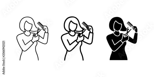 Hairdresser Icon Set, Woman Cutting Hair, Salon Scissors and Comb, Professional Styling Graphics